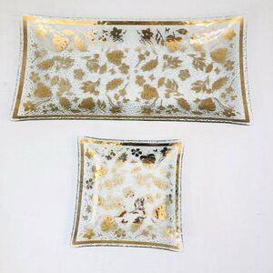 gold and clear fused glass trays, butterfly and tropical leaf  pattern set of 2